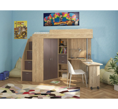Детская кровать-чердак со столом и шкафом Милана-6, спальное место 200х80 см